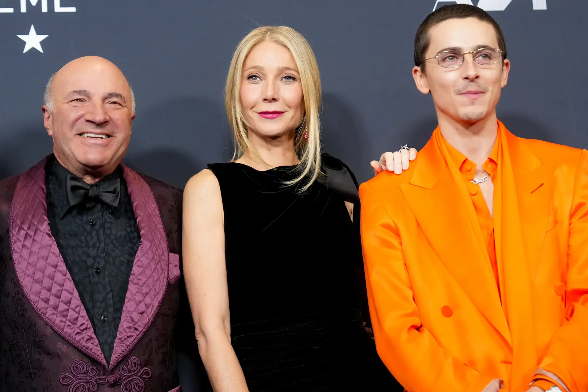 Kevin O'Leary, Gwyneth Paltrow and Timothée Chalamet at A24's 'Marty Supreme' New York Premiere on December 16, 2025 in New York, New York.