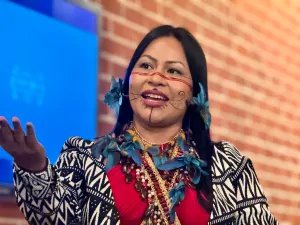 Vocalist Djuena Tikuna performs at a 'Yanuni' soundtrack launch party in Los Angeles on Friday, Jan. 9, 2025.