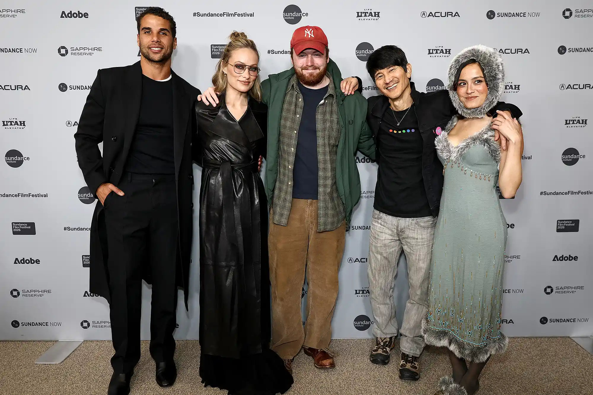 PARK CITY, UTAH - JANUARY 23: (L-R) Mason Gooding, Olivia Wilde, Cooper Hoffman, Gregg Araki and Chase Sui Wonders attend the "I Want Your Sex" Premiere during the 2026 Sundance Film Festival at Eccles Center Theater on January 23, 2026 in Park City, Utah.