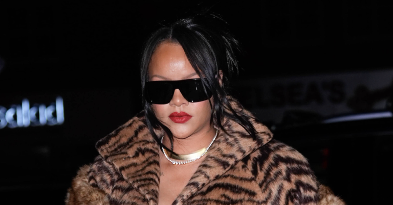 Rihanna Stuns in a Bold Animal Print Coat and Heels Without Pants