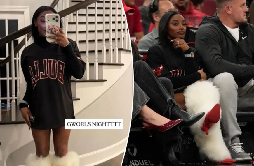 Simone Biles Teams Chic Ugg Heels with a Stylish Hermès Kelly Bag at the Bulls Game