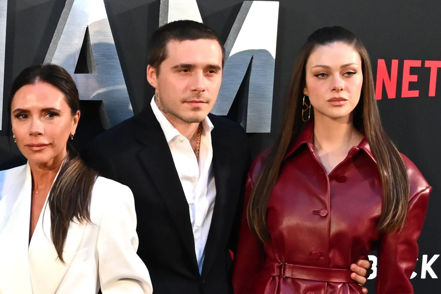 Victoria Beckham, Brooklyn Beckham, and Nicola Peltz attend the Netflix 'Beckham' UK Premiere at The Curzon Mayfair on October 03, 2023 in London, England.
