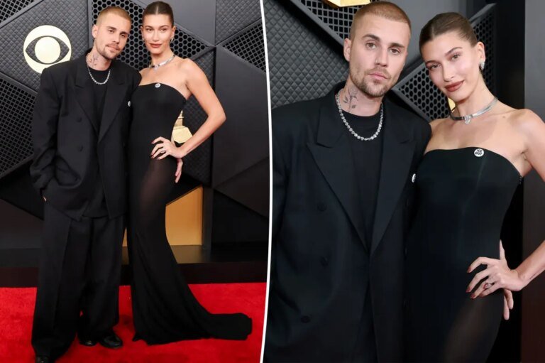 Justin and Hailey Bieber Shine in Black and Diamonds on the 2026 Grammys Red Carpet