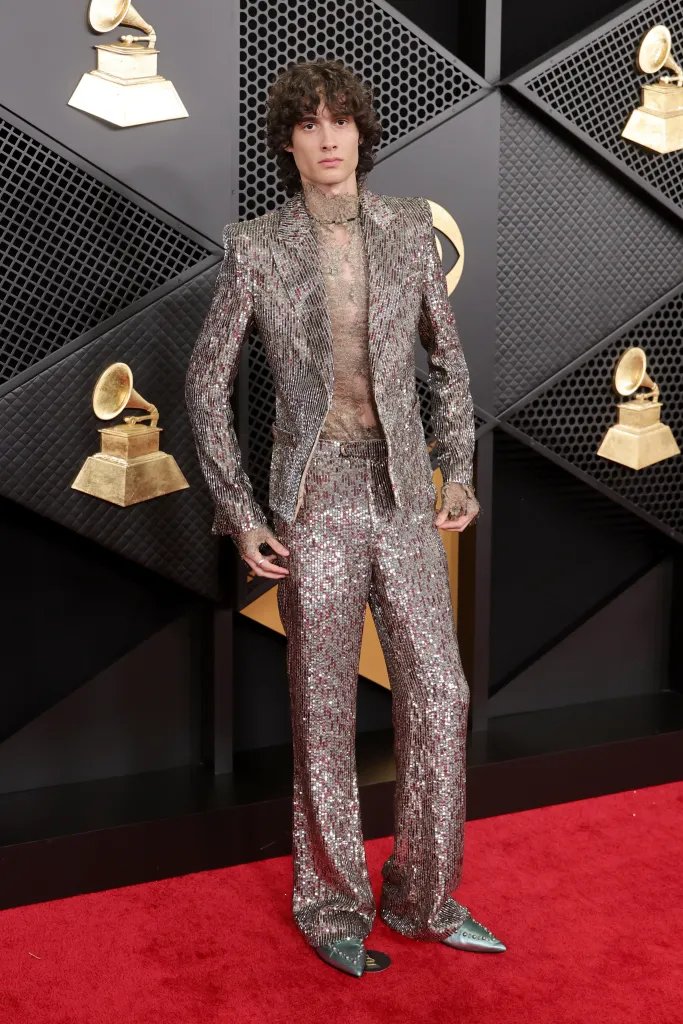 Sombr in a sparkling silver sequined suit.