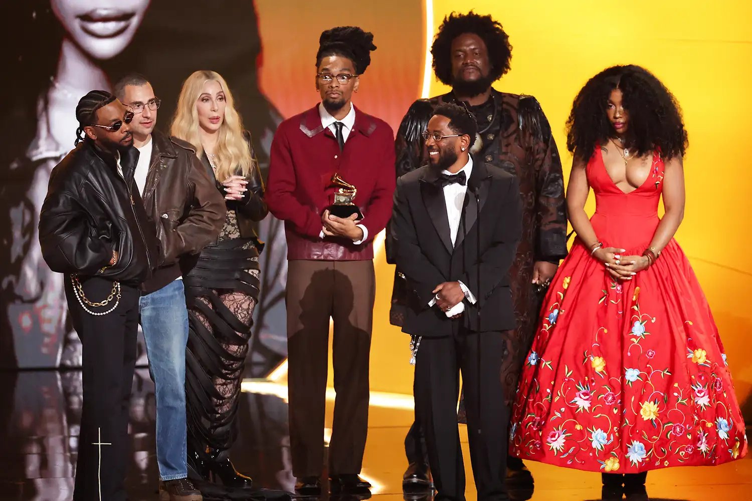 Sounwave, Jack Antonoff, Cher, Scott Bridgeway, Kendrick Lamar, Kamasi Washington and SZA at the 68th GRAMMY Awards held at the Crypto.com Arena on February 01, 2026 in Los Angeles, California