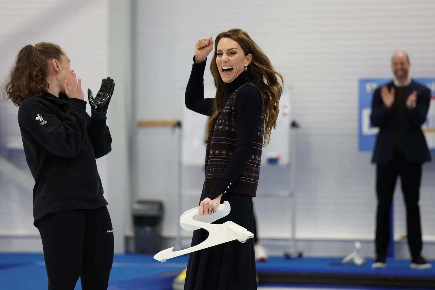 Kate Middleton practicing with Scottish curler Jen Dodds at the National Curling Academy.