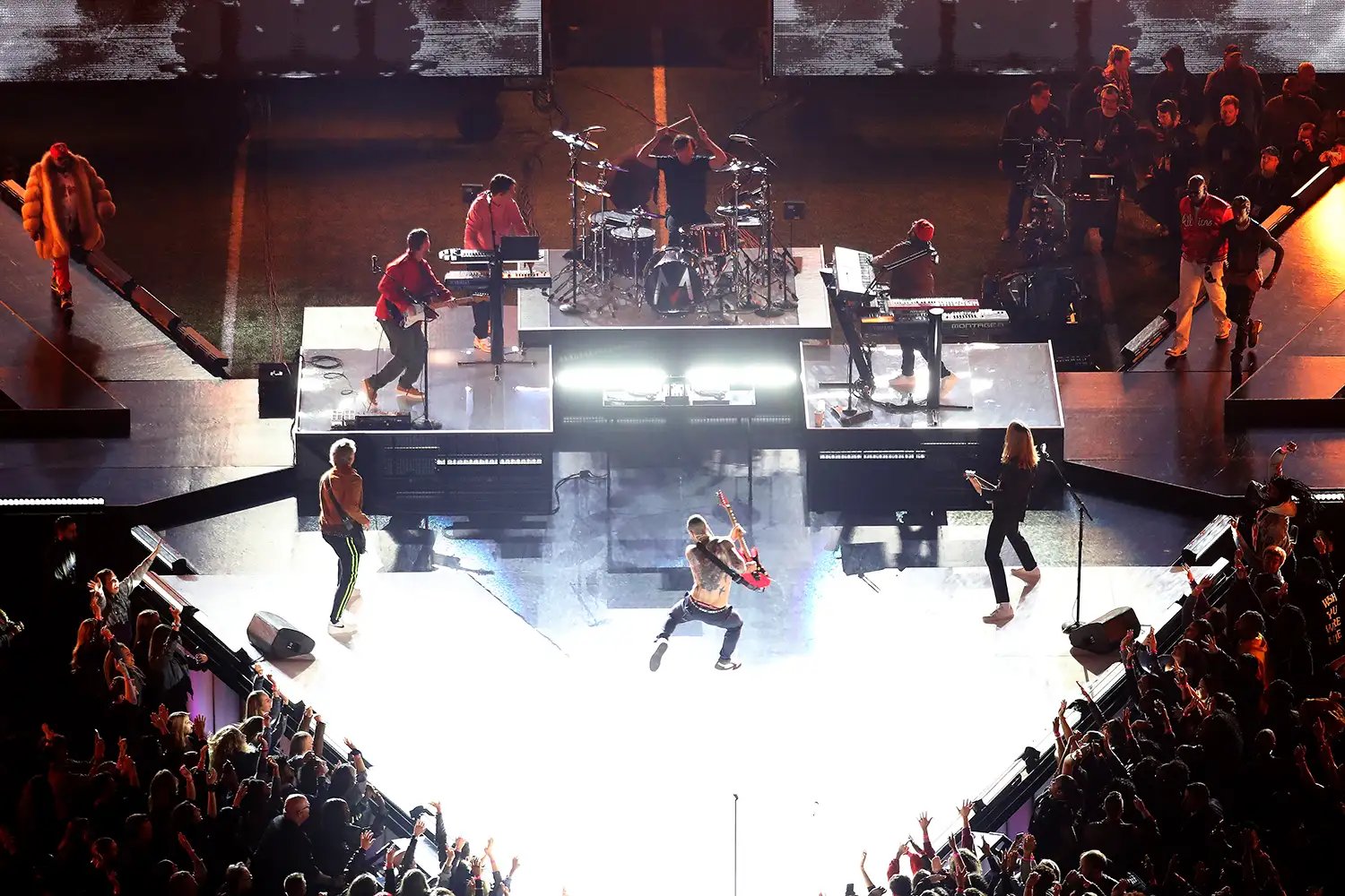 Maroon 5 performs with Big Boi, Sleepy Brown and Travis Scott during the Pepsi Super Bowl LIII Halftime Show at Mercedes-Benz Stadium on February 03, 2019 in Atlanta, Georgia.