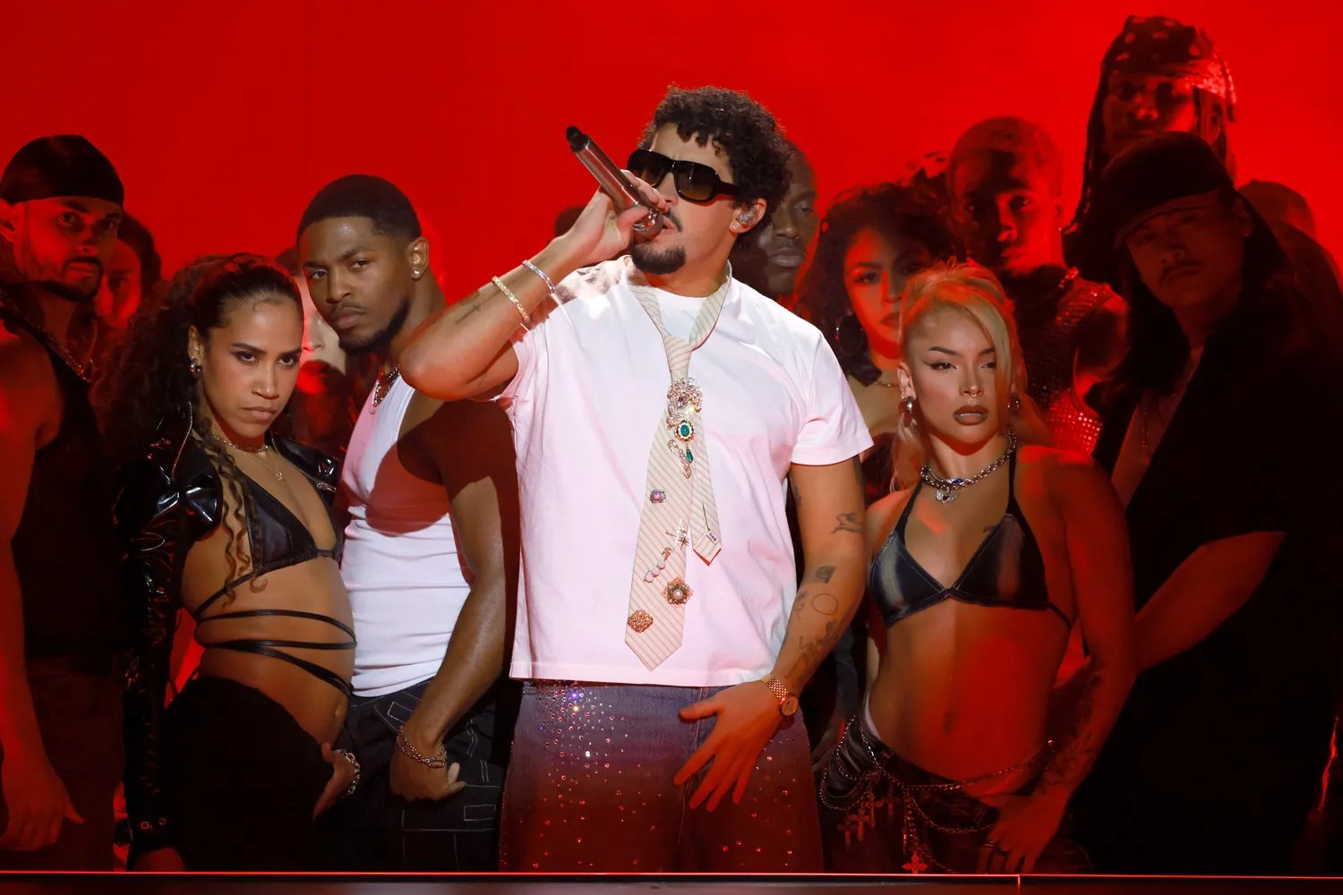 Bad Bunny performs onstage at the 2025 iHeartRadio Music Awards at Dolby Theatre in Los Angeles, California on March 17, 2025. Broadcasted live on FOX.