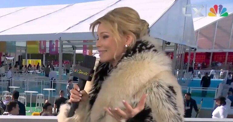 Elizabeth Banks Shows Off Erin Andrews' Viral Fur Coat and Pats-Inspired Nail Art During Super Bowl LX Pregame Coverage