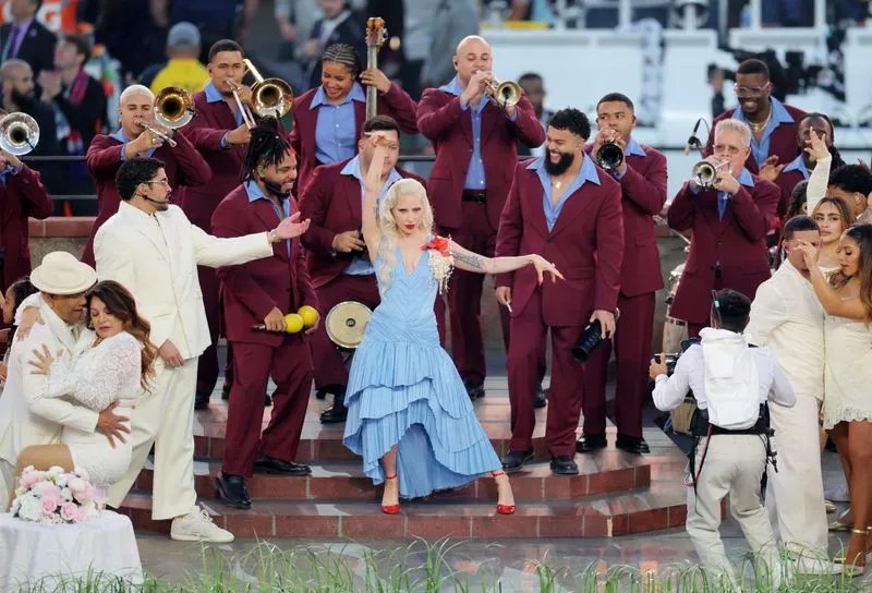 Bad Bunny and Lady Gaga performing at Super Bowl LX halftime show.