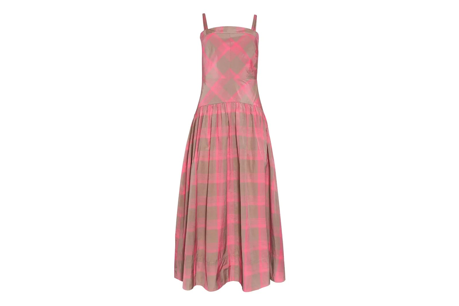 Hunter Bell Newberry dress with thin straps and a pink and brown plaid pattern.