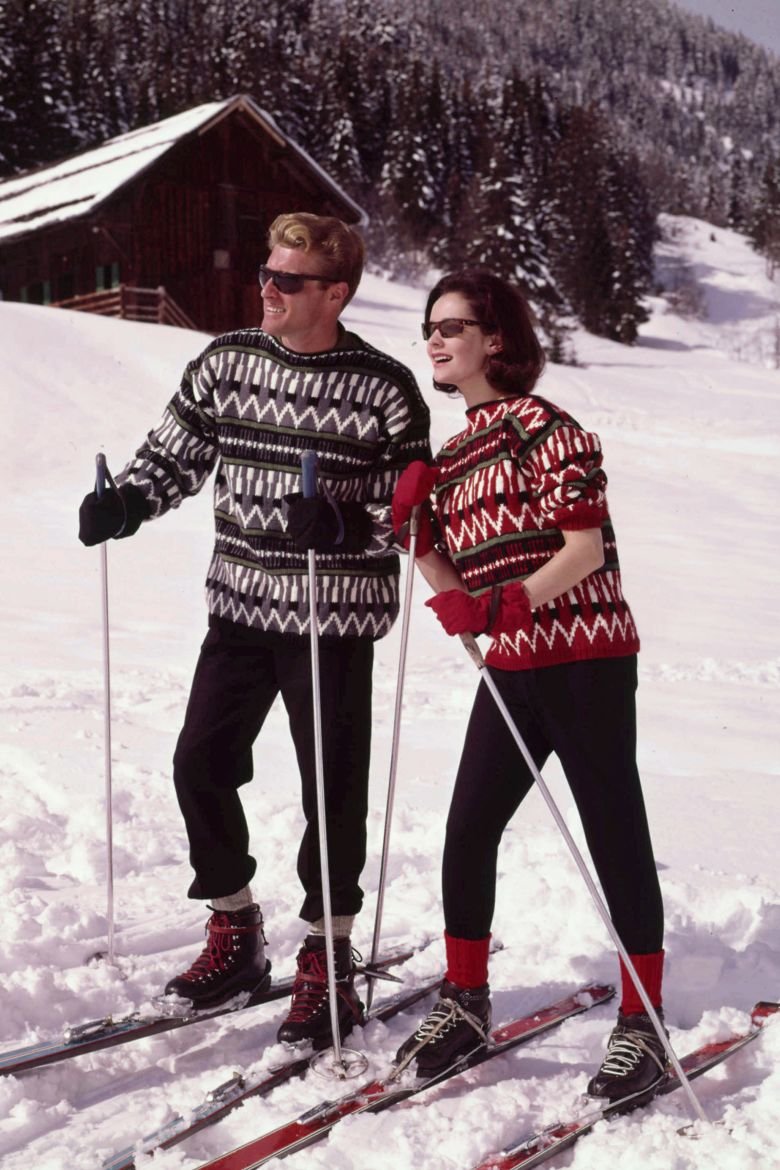 Coordinating Norwegian-style ski sweaters, 1964.