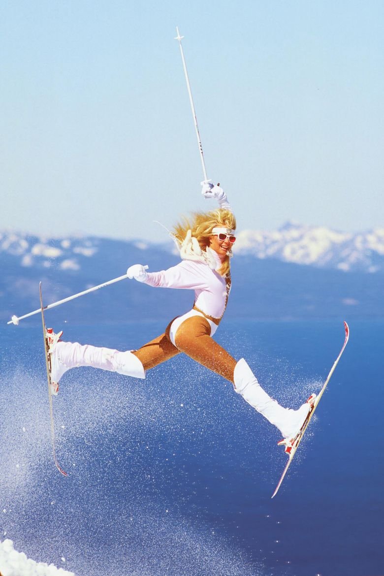 Former Olympic ski racer Suzy Chaffee embodying the spirit of 1980s ski style at the Heavenly Ski Resort in California in 1988.