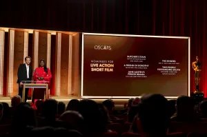 Lewis Pullman and Danielle Brooks announce the nominees for Live Action Short Film during the 98th Oscar Nominations Announcement at Samuel Goldwyn Theater on January 22, 2026 in Beverly Hills, California.