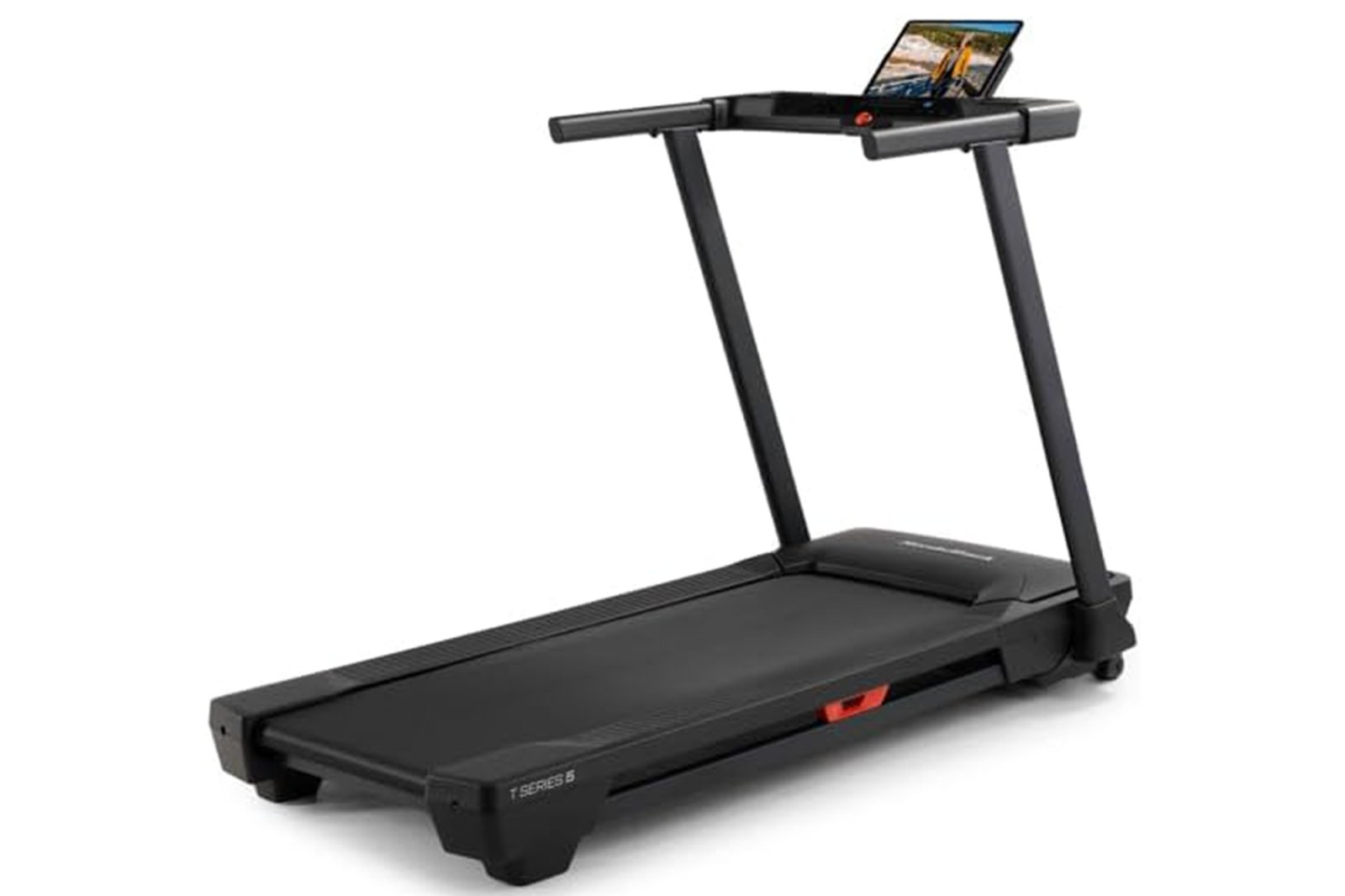A black NordicTrack T Series 5 treadmill with a tablet displaying a video of a road.