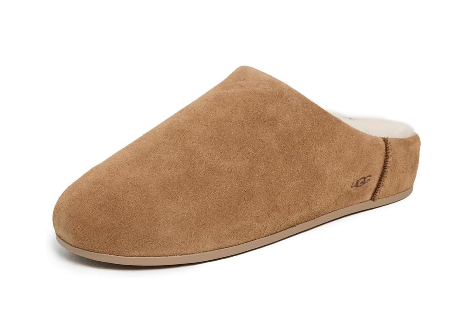 A single Ugg slipper, light brown with a cream-colored wool lining, on a white background.