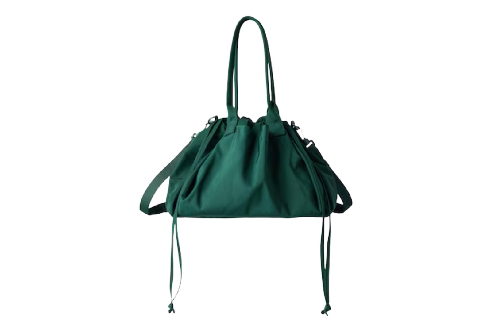 Dark green nylon shoulder bag with drawstring closure.