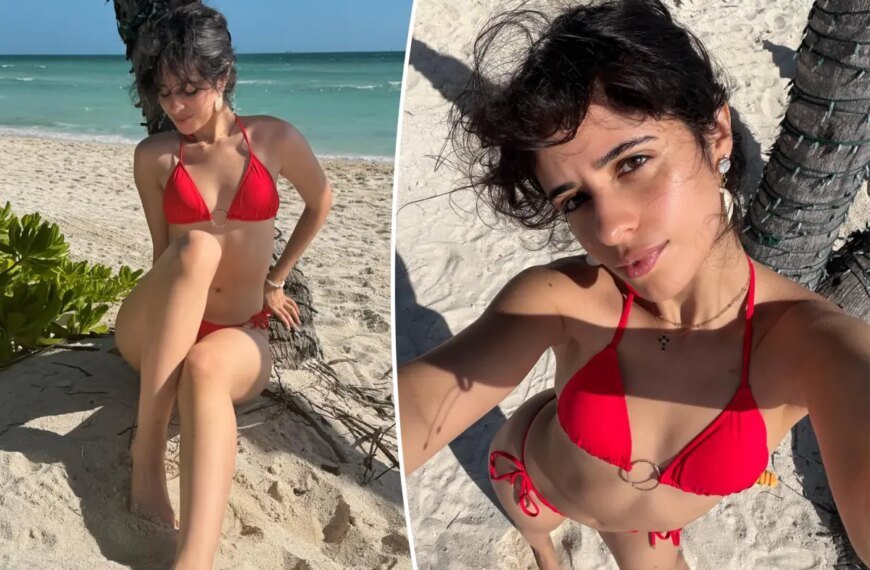 Camila Cabello Enjoys a Day at the Beach in a Red Bikini and Seashell Earrings