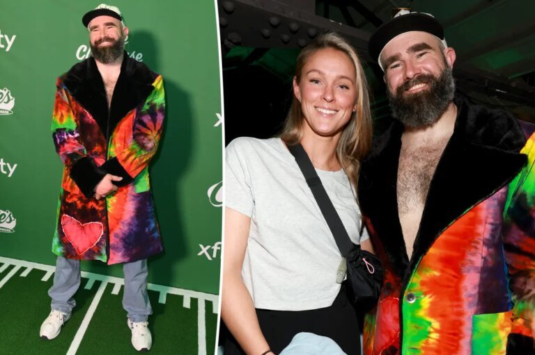 Jason Kelce Stuns Fans with Bold Tie-Dye Coat at 'New Heights' Super Bowl Celebration