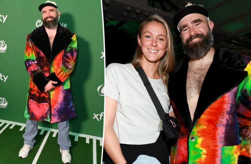 Jason Kelce Stuns Fans with Bold Tie-Dye Coat at 'New Heights' Super Bowl Celebration