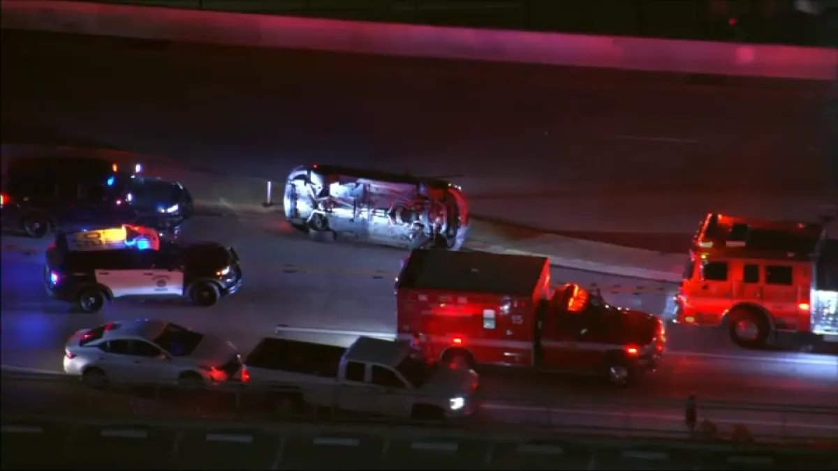 Stolen Car Chase Ends with Vehicle Flip on 110 Freeway in South LA