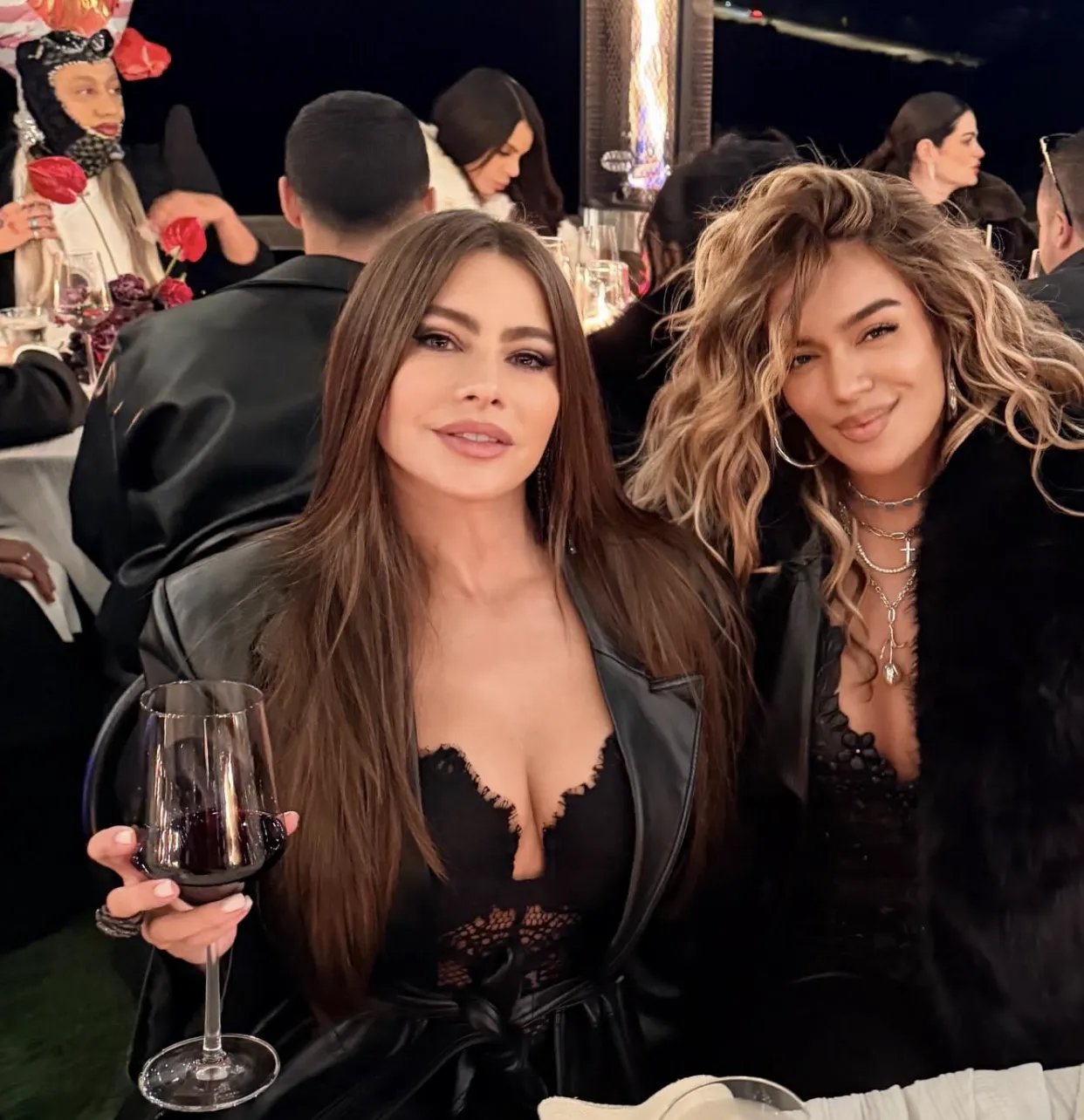 Sofia Vergara in a sheer black lace corset holding a glass of wine