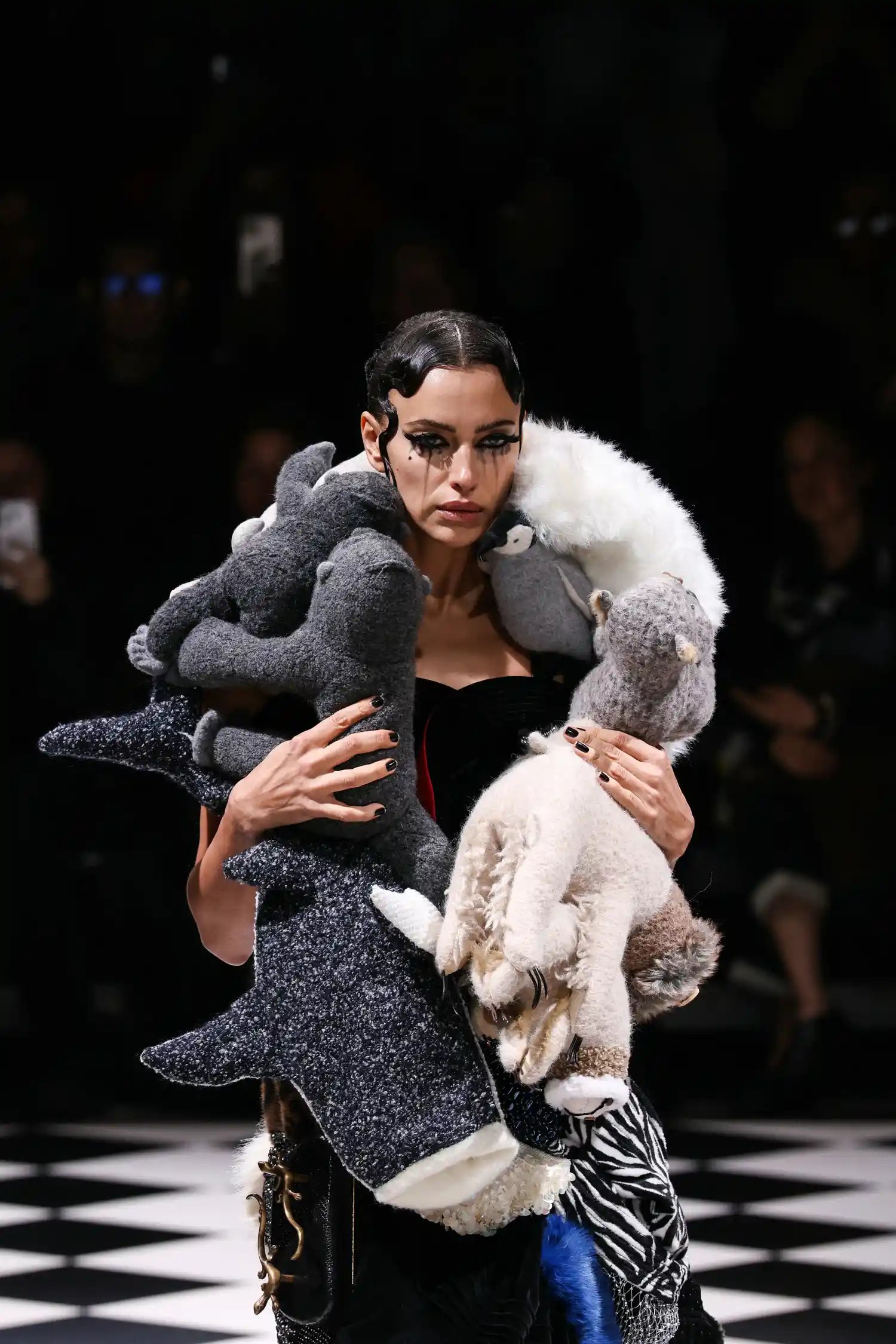 Irina Shayk in a dress made of stuffed animals
