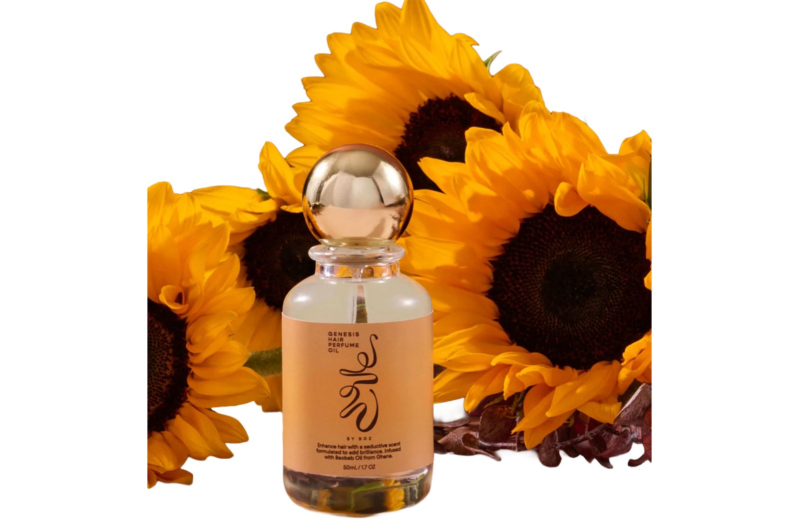 Bozoma hair perfume oil with sunflowers.