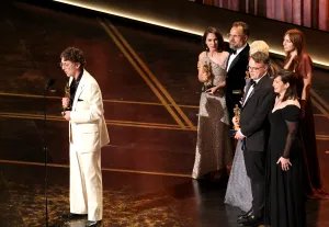 David Borenstein, Alžběta Karásková, Radovan Sibrt, Pavel Talankin, and Robin Hessman accept the Documentary Feature award for 'Mr. Nobody Against Putin' onstage during the 98th Oscars at Dolby Theatre on March 15, 2026 in Hollywood.