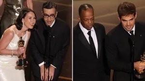 Natalie Musteata and Alexandre Singh accept the Oscar for Best Live Action Short Film for "Two People Exchanging Saliva"; Mike Yung and Sam A. Davis represent "The Singers"
