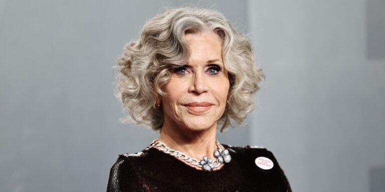Jane Fonda, 88, Wears a Political Pin with Her Espresso Sequined Gown at the Oscars After-Party