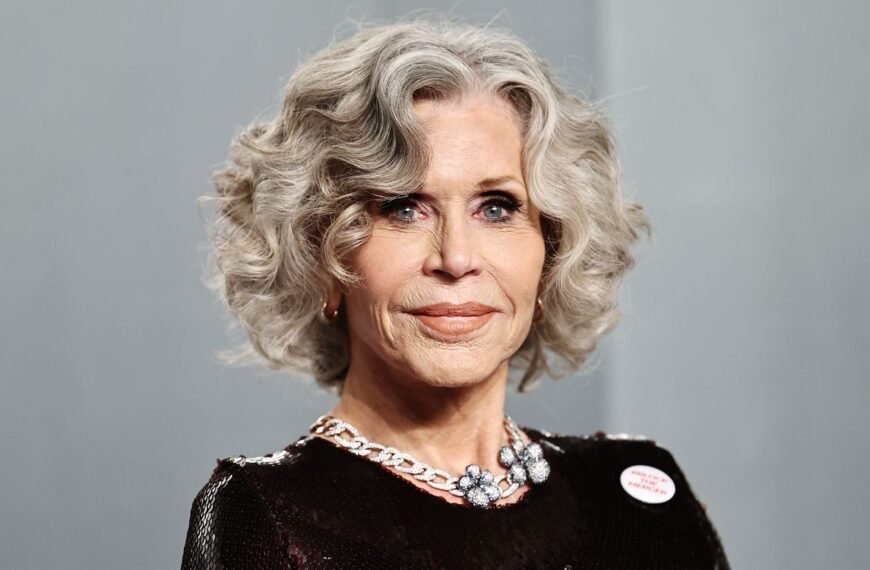 Jane Fonda, 88, Wears a Political Pin with Her Espresso Sequined Gown at the Oscars After-Party