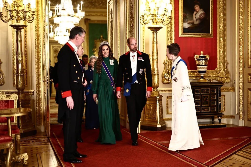 Sir Timothy Lawrence, Princess Catherine, Prince William, and Princess Anne arriving at a state banquet.