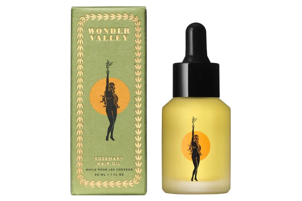 Wonder Valley Rosemary Hair Oil in a box and dropper bottle.