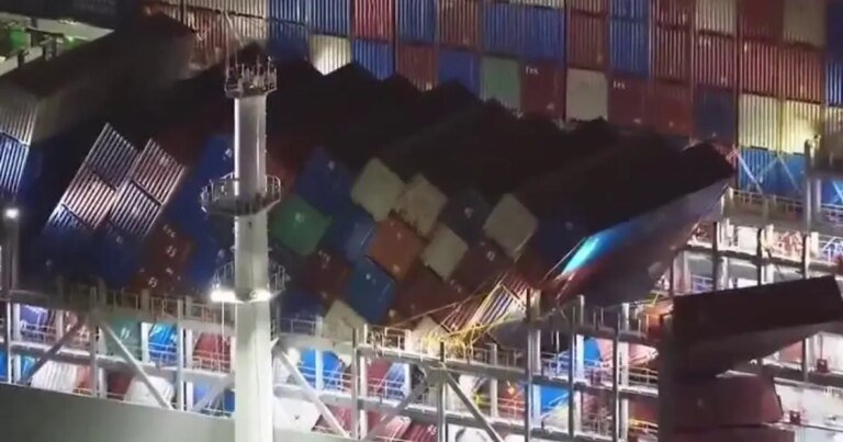 Cargo Ship Monitored at Long Beach Port After Containers Sustain Storm Damage