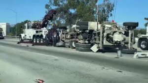Cement Truck Overturns on 5 Freeway Near Boyle Heights, SigAlert Issued