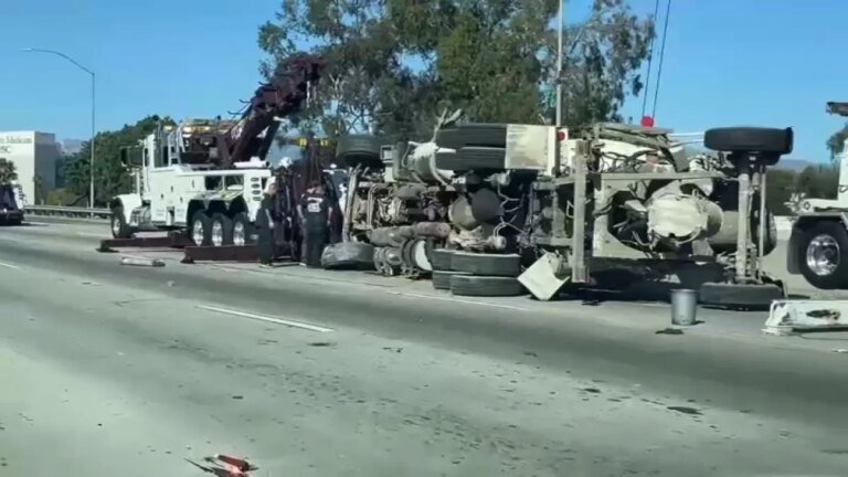 Cement Truck Overturns on 5 Freeway Near Boyle Heights, SigAlert Issued