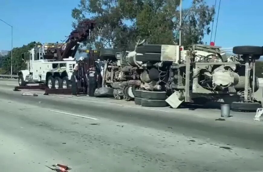 Cement Truck Overturns on 5 Freeway Near Boyle Heights, SigAlert Issued