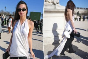 Emily Ratajkowski Successfully Manages a Wardrobe Surprise at Paris Fashion Week