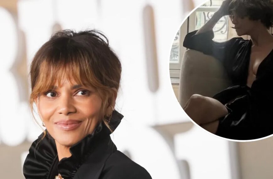 Halle Berry Enjoys Relaxing Time in a Casual Black Bathrobe
