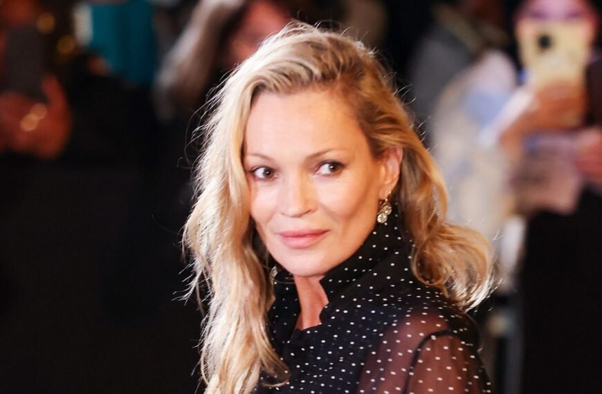 Kate Moss Shows Off a Stylish Polka Dot Blouse with a Sheer Midi Skirt