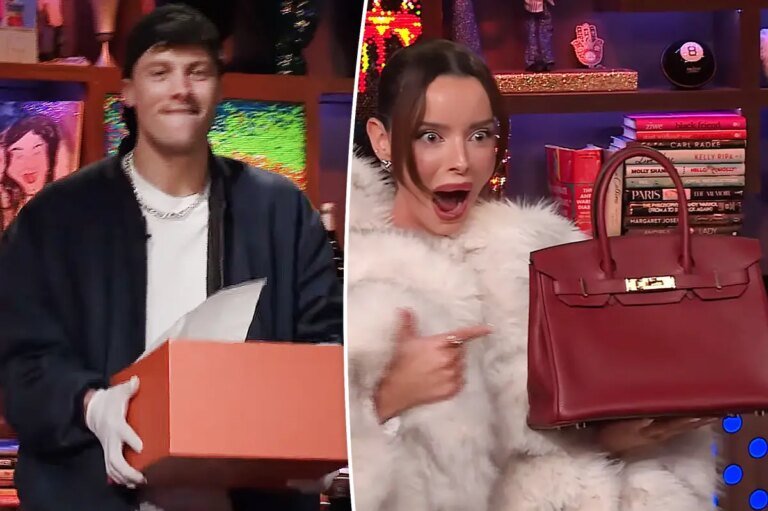 Rob Rausch Surprises Maura Higgins with a Burgundy Hermès Birkin on WWHL
