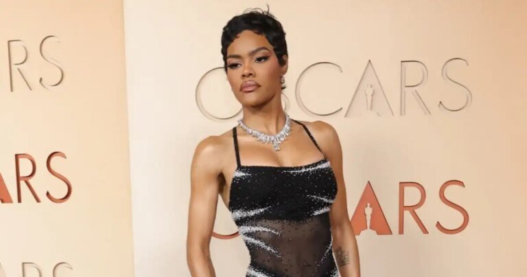 Teyana Taylor Dazzles in a Black and Silver Fringe Dress at the 2026 Oscars Red Carpet