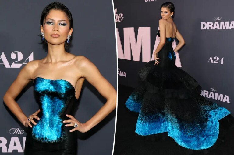 Zendaya Shines at ‘The Drama’ NYC Premiere in a Stunning Feathered Gown in 27 Shades of Blue