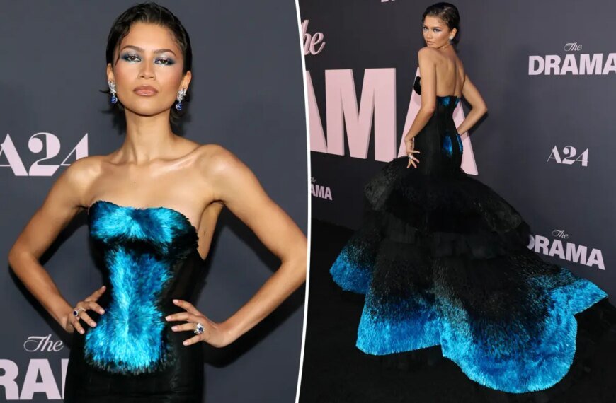 Zendaya Shines at ‘The Drama’ NYC Premiere in a Stunning Feathered Gown in 27 Shades of Blue