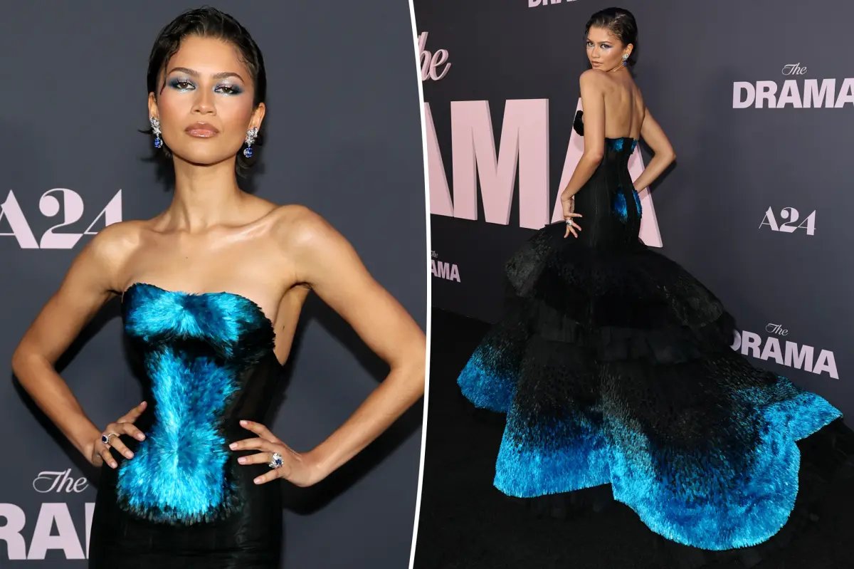 Zendaya Shines at ‘The Drama’ NYC Premiere in a Stunning Feathered Gown in 27 Shades of Blue