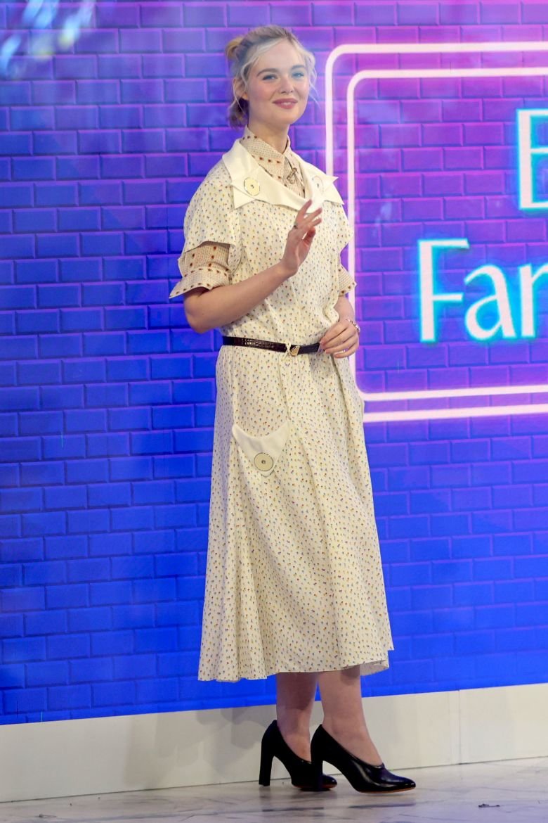 Her press looks have followed this line of ironic, slouchy and kitschy femininity. To the 'Today Show,' Fanning wore a look by Rabanne that was inspired by tea dresses.