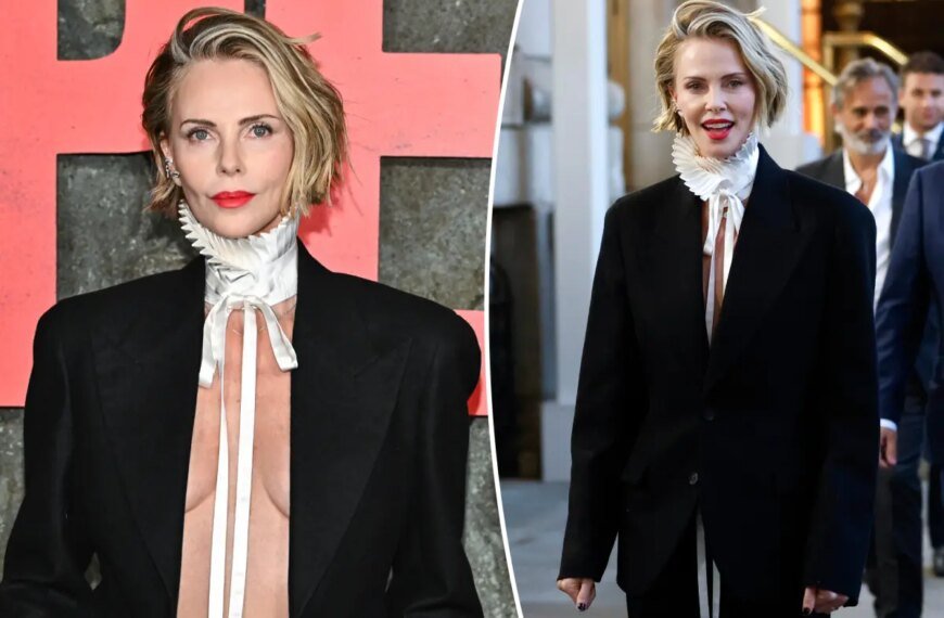 Charlize Theron Ditches Her Shirt for a Chic Pleated Dior Collar at the ‘Apex’ Premiere