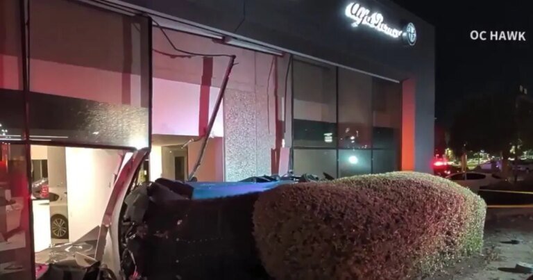 Corvette Jumps the Freeway and Crashes into Maserati Dealership in LA County