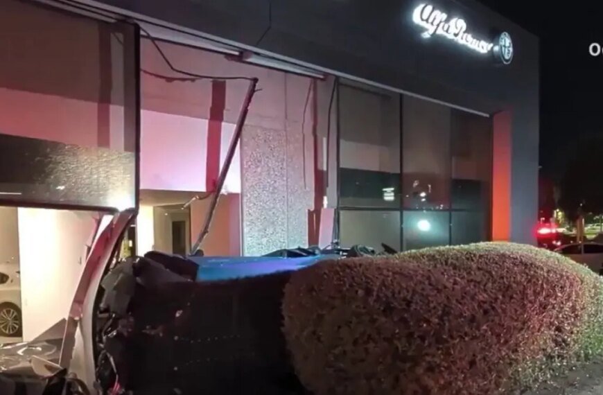 Corvette Jumps the Freeway and Crashes into Maserati Dealership in LA County